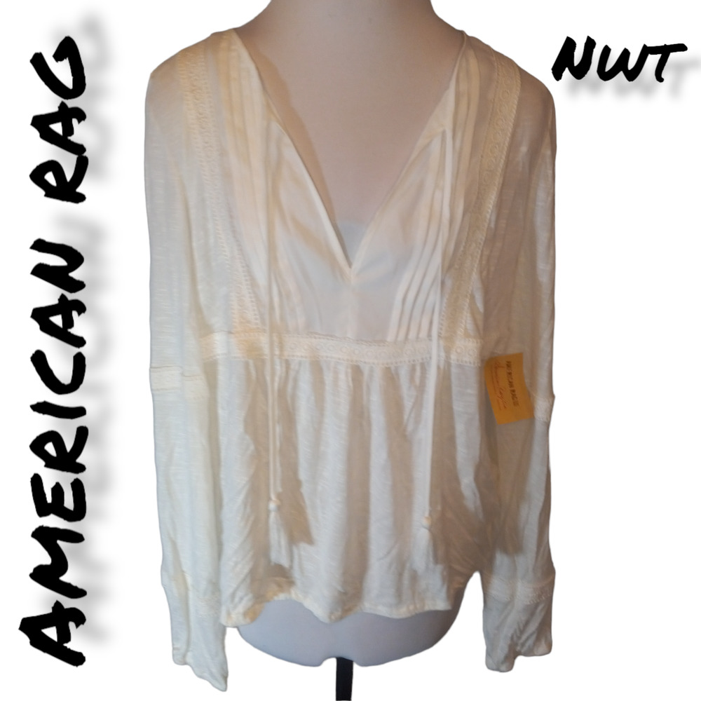 NWT American Rag Off White Peasant V Neck Long Sleeve Top